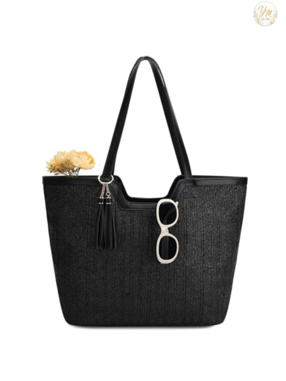 Woven Straw Beach Tote Bag with Leather Trim Tassels Women Summer